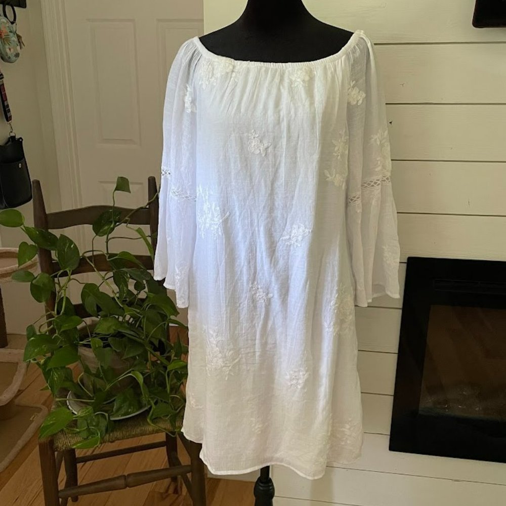 Hope Springs White Bell-Sleeve Dress with Embroidered White Flowers